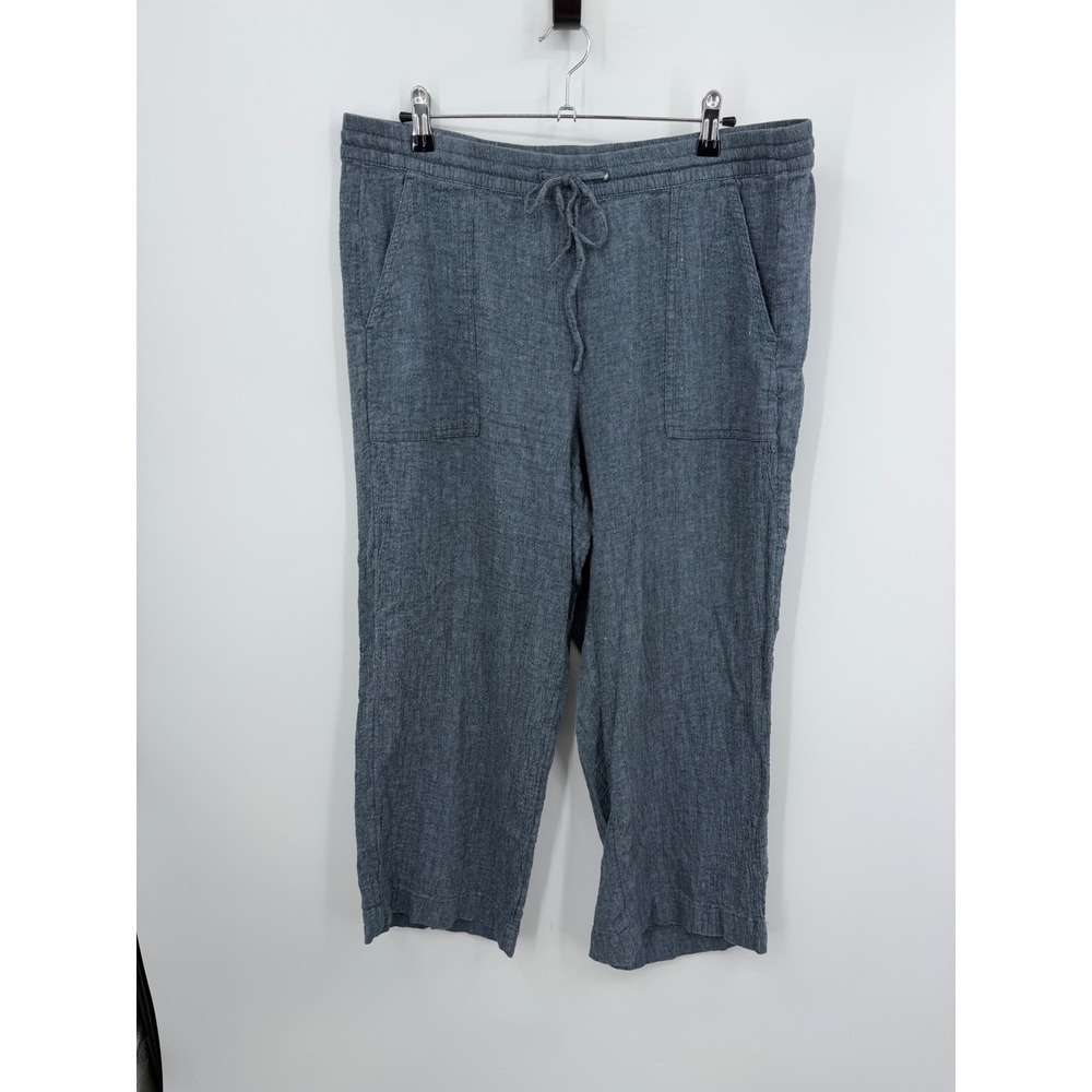Pure Jill Linen Cotton Cropped Pants Women Large Petite Blue Grey Drawstring